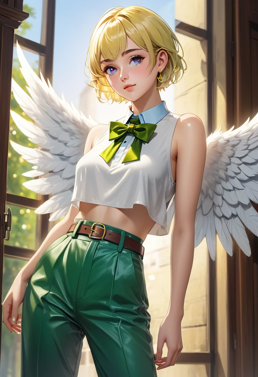 1girl, short blonde hair, pixie cut, white crop top, green pants, leather belt across waist, golden ring earrings, medium breasts, slim waist, medium hips, green eyes, (((angel wings with color transition from yellow to green))), (((large blue bowtie))), best quality, 4k, 8k, highres, masterpiece:1.2, ultra-detailed, realistic, photorealistic, photo-realistic:1.37, HDR, UHD, studio lighting, ultra-fine painting, sharp focus, physically-based rendering, extreme detail description, professional, vivid colors, bokeh