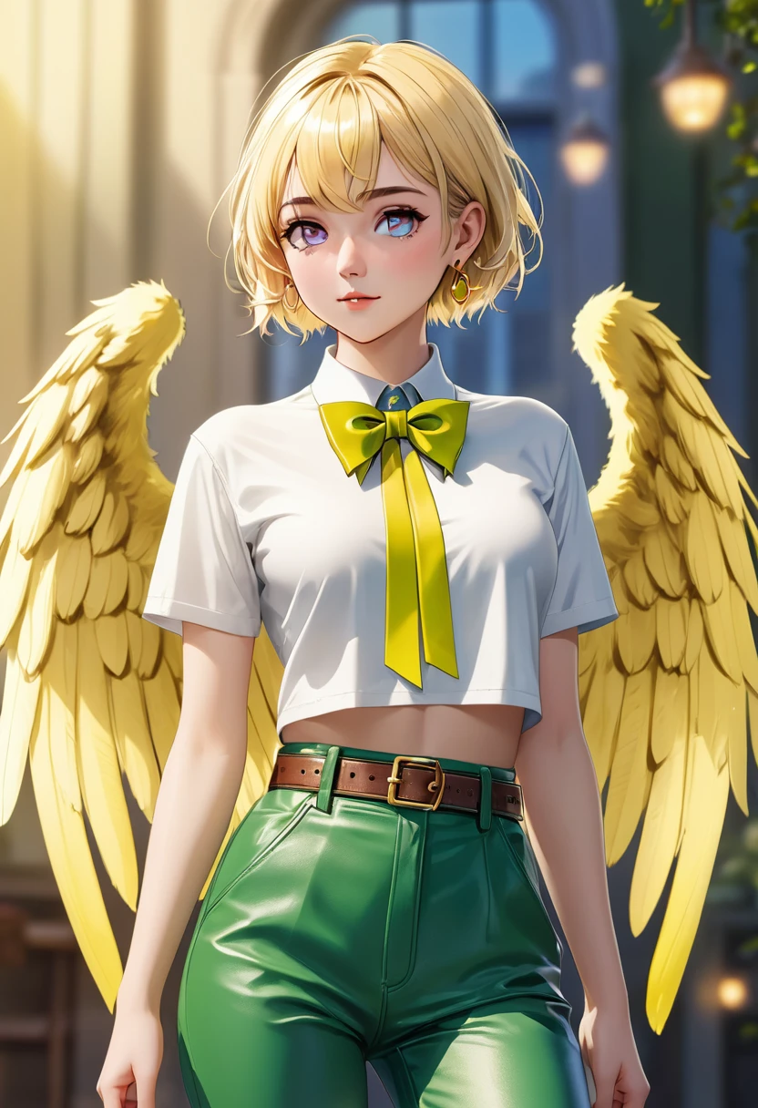 1girl, short blonde hair, pixie cut, white crop top, green pants, leather belt across waist, golden ring earrings, medium breasts, slim waist, medium hips, green eyes, (((angel wings with color transition from yellow to green))), (((large blue bowtie))), best quality, 4k, 8k, highres, masterpiece:1.2, ultra-detailed, realistic, photorealistic, photo-realistic:1.37, HDR, UHD, studio lighting, ultra-fine painting, sharp focus, physically-based rendering, extreme detail description, professional, vivid colors, bokeh