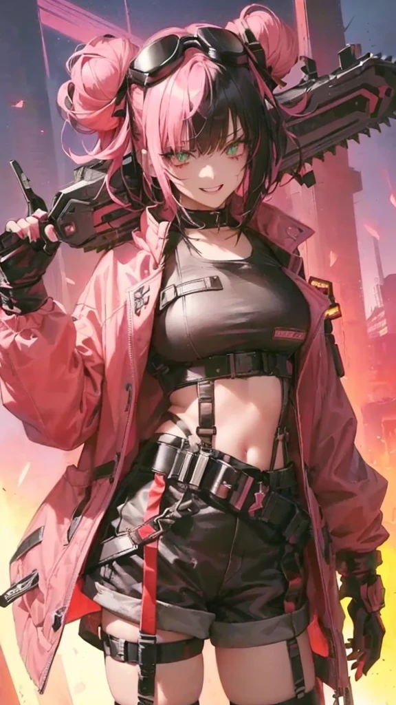 ultra-detalhado, Garota, Olhos lindos, , figura fofa, cara bonita, sorriso assustador, carrasco, óculos estilo cyberpunk na cabeça, olhos afiados, selvagem e ousado, cor de cabelo é degradê rosa com detalhes pretos apenas no lado esquerdo do cabelo, cabelo com coque, franja com corte bob, vestido com Ela está vestindo uma jaqueta grande de design militar, Calções pretos, meias até a coxa, botas, luvas de couro com dedos cortados, uma serra elétrica com decorações bonitas na mão dela, e no fundo, homens fortes do Esquadrão da Morte do Inferno vestindo tecido rosa, a composição parece uma cena de filme, 16k. uma cena de filme, 16k, qualidade máxima, Uma obra-prima