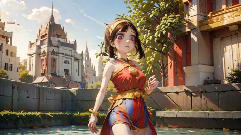 anime girl in a brown dress and a crown standing in front of a castle, artwork in the style of guweiz, anime thai girl, guweiz, ...