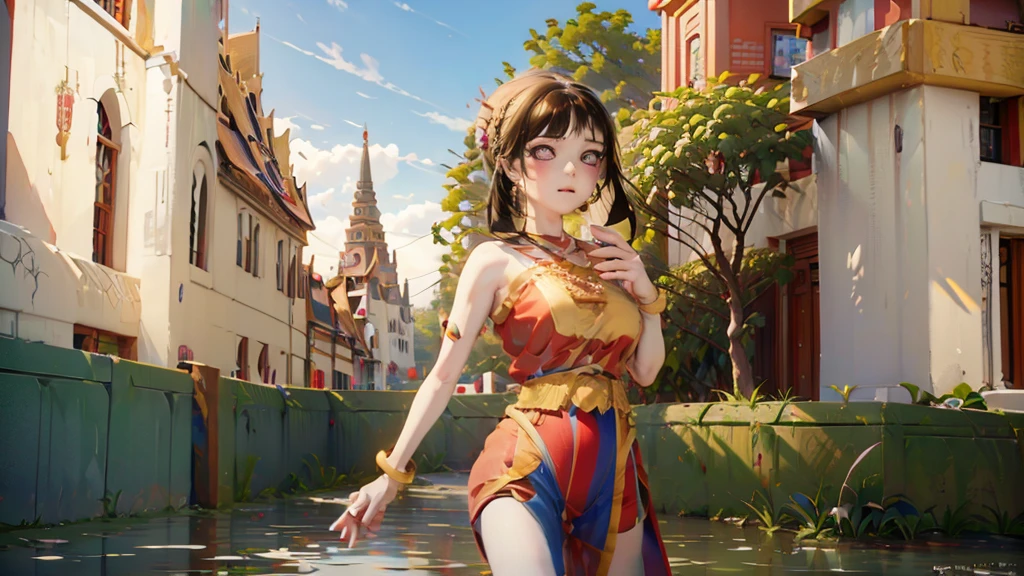 anime girl dans une robe marron et une couronne debout devant un château, oeuvre d&#39;art dans le style de guweiz, anime fille thaïlandaise, guweiz, artgerm et atey ghailan, Guweiz sur ArtStation Pixiv, guweiz sur pixiv artstation, 2. oeuvre fantastique d&#39;anime cgi 5 d, chef-d&#39;œuvre de Guweiz, Pomni en robe thaïlandaise et le fond est un temple thaïlandais, Chemise rouge et bleue, Visage de Pomni, Robe thaïlandaise