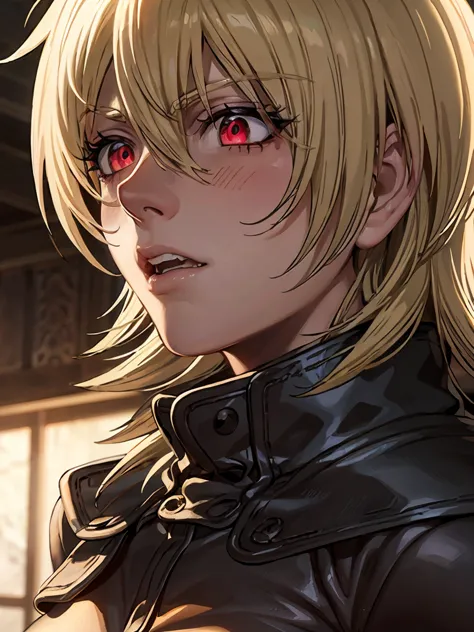 seras victoria,detailed face,vampire,handsome face,vampire fangs,red eyes,intense stare,smooth skin,pale complexion,flowing hair...