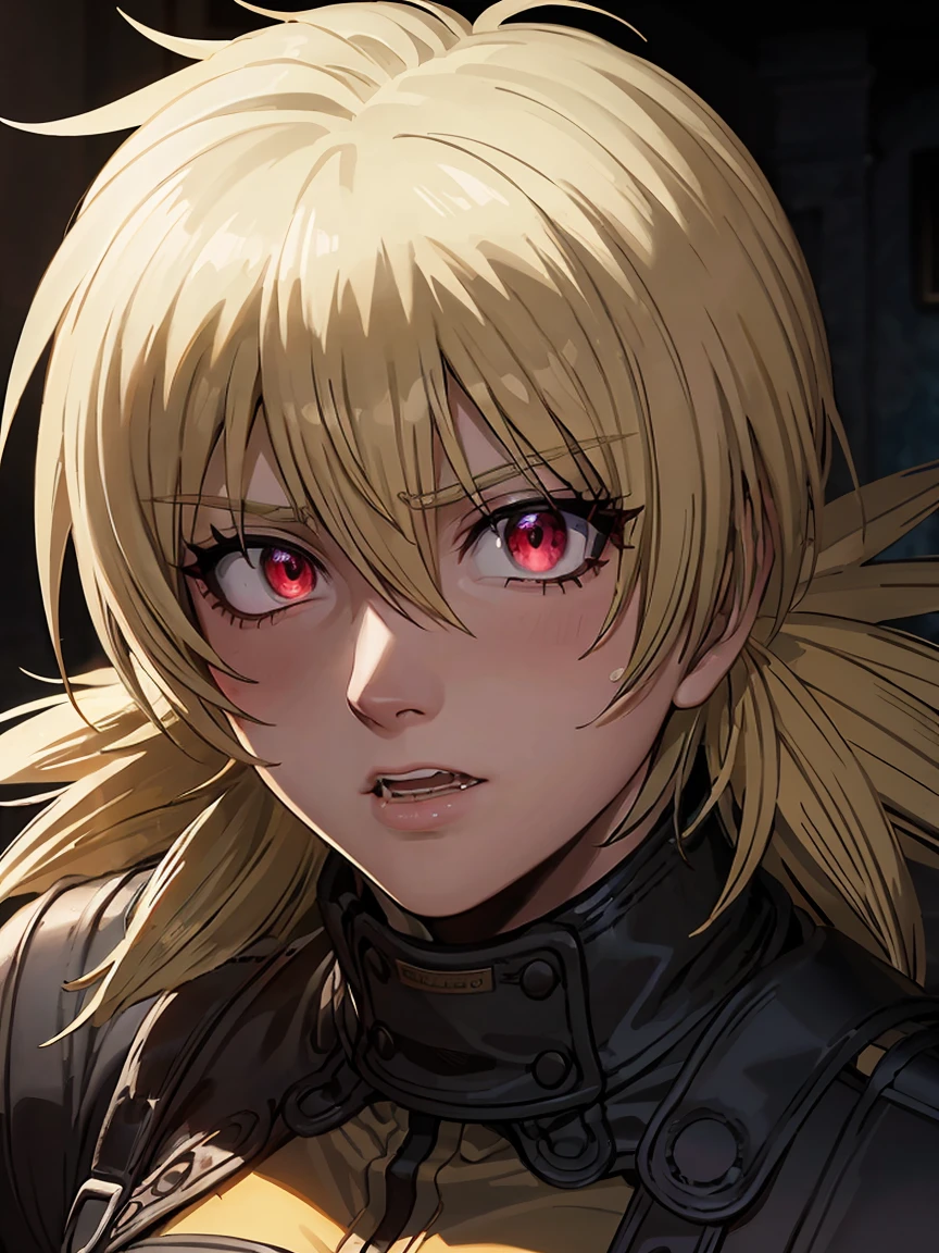 Seras Victoria,detailed face,vampire,handsome face,vampire fangs,red eyes,intense stare,smooth skin,pale complexion,flowing hair,perfectly arched eyebrows,sculpted cheekbones,masterpiece:1.2,ultra-detailed,photorealistic,vivid colors,dark and moody lighting"