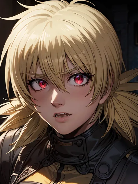 seras victoria,detailed face,vampire,handsome face,vampire fangs,red eyes,intense stare,smooth skin,pale complexion,flowing hair...