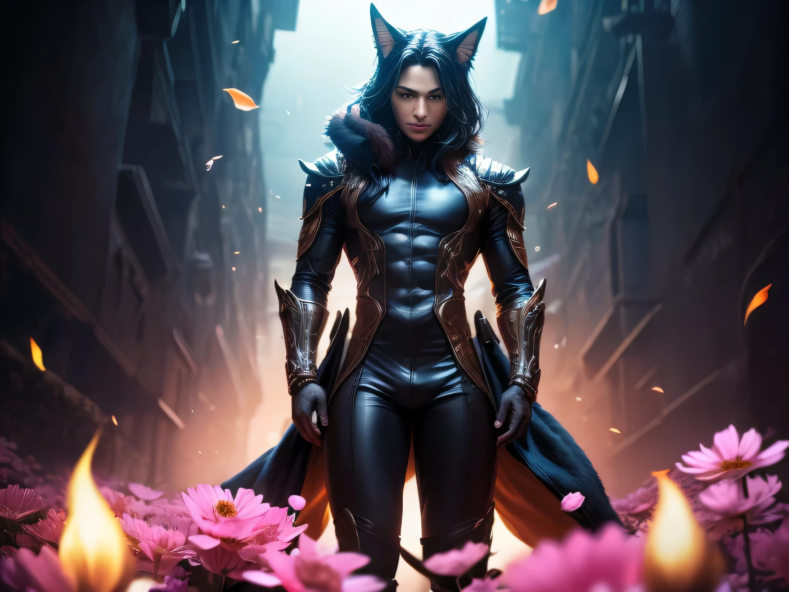 (Best Quality, 8K, Masterpiece, HDR, Soft Lighting, Picture Perfect, Realistic, Vivid), Nine Tails of a Black Fox (1.0), Tail of a Black Fox (1.0), Nine-Tailed Fox, Guy Fox with Black Hair, Fox ears and Blue Suit Sexy open leather suit, naked torso with developed body, beautiful fantasy anime, very handsome and cute fox guy, pink flower rain, background blur, anime fantasy, Gouves style work, realistic: 1.37, top view, lying in pink flowers, horizontal view, (ultra high quality fantasy art), masterpiece, male model, ultra high quality male character design, anime art with 8k development, realistic anime art, highest quality wallpaper illustrations, complex ultra high quality accurate male characters faces, high quality design and accurate physics (super high quality fantasy style)) art, dark fantasy)) Style), masterpieces, super high-quality characters, anime resolution - 8K, realistic anime art, wallpapers with the highest quality illustrations, ultra-high detail of faces, high-quality design and accuracy of physics), color, depth of field, shadows, ray tracing , production of high-quality computer wallpapers and 8K resolution, (Accurate simulation of the interaction of light and materials)], [High-quality hair detail [More about beautiful and shiny red hair]], (Beautifully detailed hands [perfect fingers [Perfect nails]], (perfect anatomy (perfect proportions)))) [[Full-length]], [Perfect combination of colors (Accurate imitation of the interaction of light and material)], [art that conveys the meaning of the story]