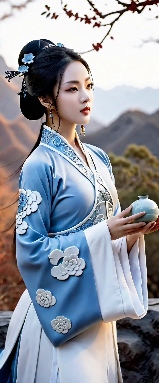 (wallpaper),32k,((Extremely exquisite and beautiful)),(((masterpiece))),(((best quality))),(Ultra-high resolution)，Ceramic Chinese Girl，High Quality Fantasy Artifact Concept Art, Tai Chi background， Carved high-end porcelain, complicated, Landscape background，Gorgeous,
