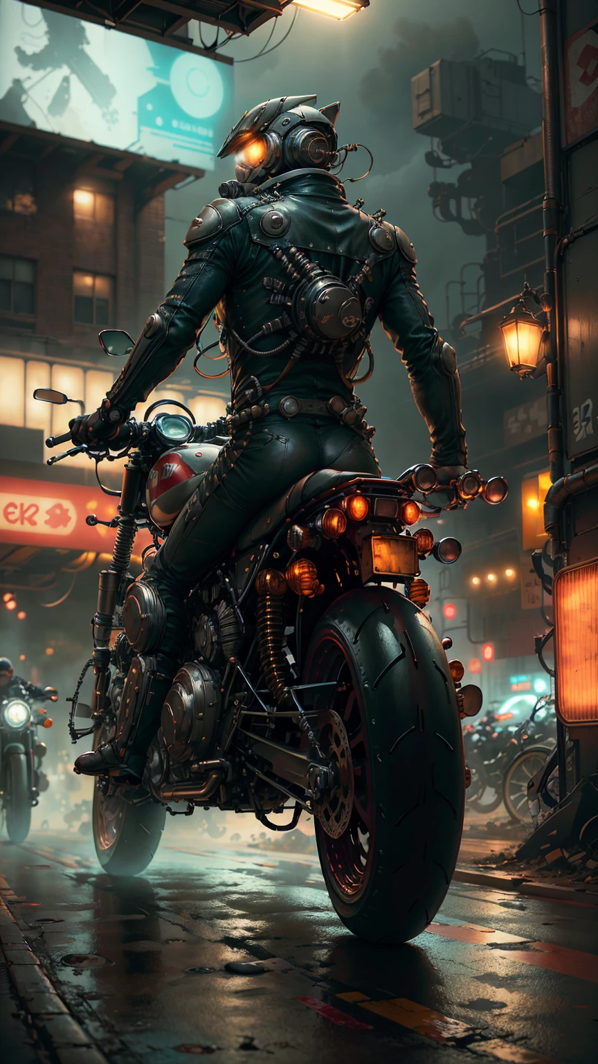 detailed cyberpunk motorcycle, futuristic motorcycle, riding on the road, motorcycle from behind view, 1 person riding motorcycle, intricate details, high resolution, 8k, photorealistic, hyper detailed, cinematic lighting, dynamic motion blur, gritty urban environment, neon lights, glowing cybernetic elements, chrome accents, weathered texture, mecha-inspired design, complex machinery, industrial cityscape, moody color palette