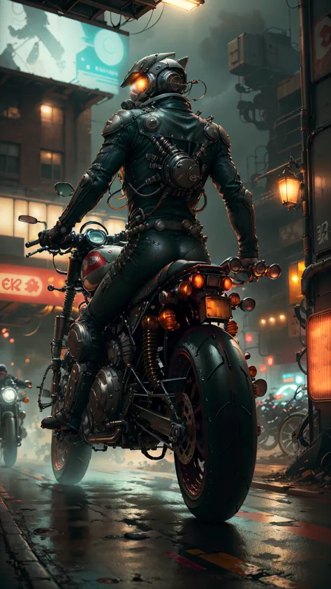 detailed cyberpunk motorcycle, futuristic motorcycle, riding on the road, motorcycle from behind view, 1 person riding motorcycl...