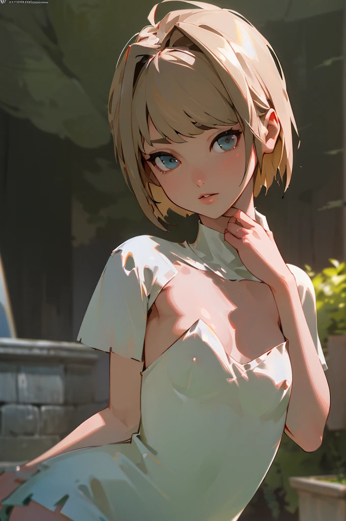 Ruins in the forest、((Small Bust)),A white tube top with a slight hint of nipple,mini skirt,Panty shot,(highest quality、4k、8k、High Resolution、masterpiece:1.2)、Super detailed、(Photorealistic:1.37)、Portrait、Sharp Focus、feminine、delicate、White skin、Subtle curves、Gentle expression、Soft lighting、Bright colors、Artistic atmosphere,
