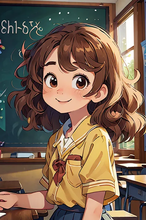 masterpiece, highest quality，Cute Girl Pictures，Chestnut curly hair，13 years old，，Summer uniform，Happy expression，Pixar Style，St...