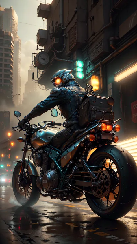 detailed cyberpunk motorcycle, futuristic motorcycle, riding on the road, motorcycle from behind view, 1 person riding motorcycl...