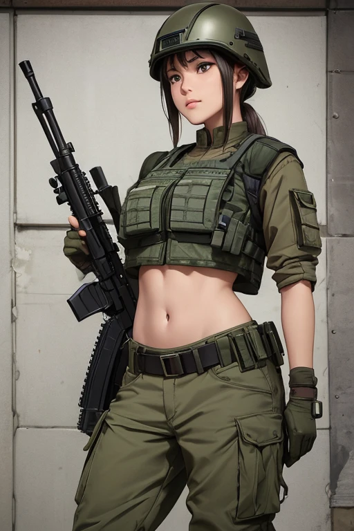 Women in crop top military bulletproof vest , military green cargo pants, belt, military helmet, tactical, (open navel), ((holding assault rifle))