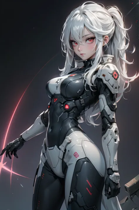 ((Cyberpunk women images))，raise one's arms high:1.4,(masterpiece:1.4, highest quality, Dutch Angle)(One Girl, alone)（Gray hair ...