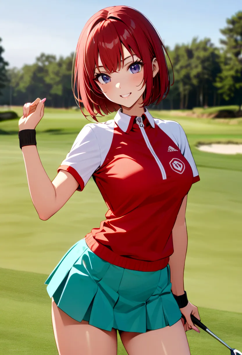 sound　high resolution　8k beauty　Woman playing golf　Golf course　Beautiful woman　Bobcut　Red hair　　Golf Wear　mini skirt　smile　　look...