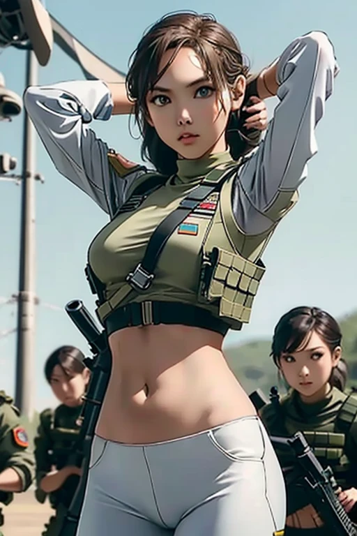 a woman in a white outfit holding a rifle and wearing headphones, 24-year-old woman, Filipino woman, tan bronze skin, soldier girl, mechanized soldier girl, military girl, beautiful female soldier, female lead character, infantry girl, of a sniper girl in war, solo female character, future combat gear, close up half body shot, Women in crop top military bulletproof vest, showing navel, quiet from metal gear solid v, wearing tactical gear, dressed in tactical armor, ((arms behind head))