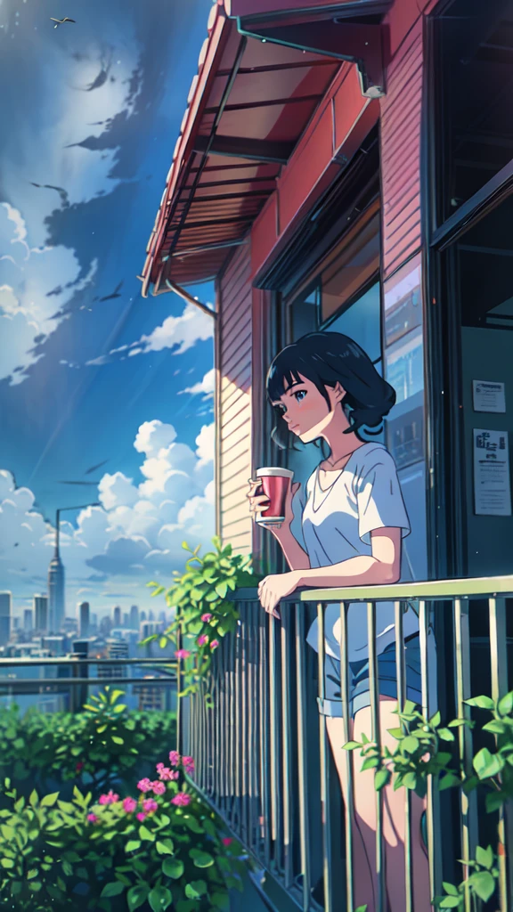 a girl standing on a balcony with a cup of coffee, cgsociety 9, chillhop, alena aenami and artgerm, makoto shinkai and artgerm, lofi girl aesthetic, anime scenery, makoto shinkai and (cain kuga), lofi aesthetic, anime landscape, anime nature, roof background, anime wallaper