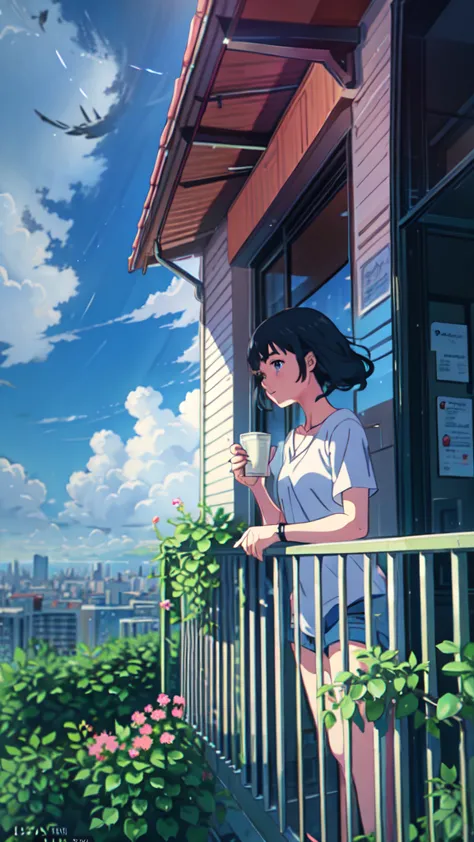 a girl standing on a balcony with a cup of coffee, cgsociety 9, chillhop, alena aenami and artgerm, makoto shinkai and artgerm, ...