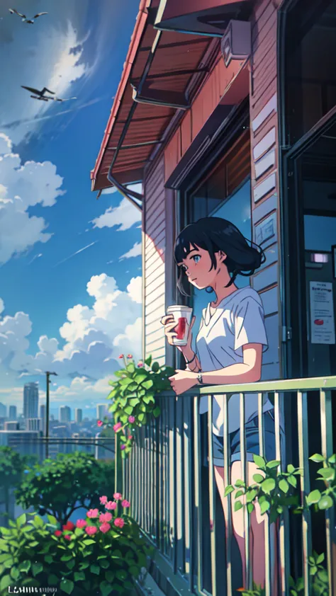 a girl standing on a balcony with a cup of coffee, cgsociety 9, chillhop, alena aenami and artgerm, makoto shinkai and artgerm, ...