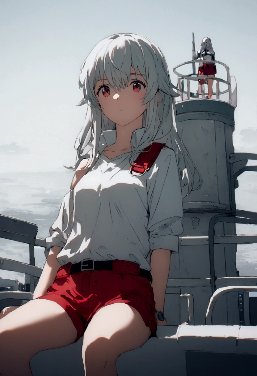 One girl, a girl as a lifeguard, sitting in the sun on a white lifeguard tower, Plain white shirt, Red shorts, 8k, Professionally color coded, Depth of written boundary , Futuristic Fantasy Anime
 