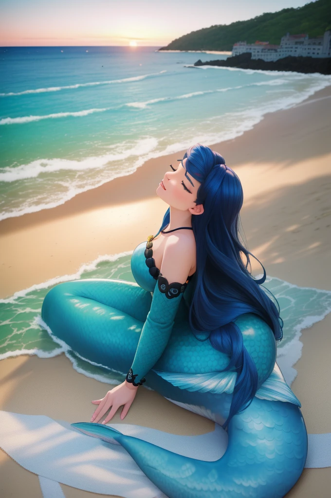 (8k, RAW photo, best quality, masterpiece:1.2), (intricate details), closed eyes, perfect face, perfect lighting, beautiful, (masterpiece:1.2), (best quality:1.2), 1mermaid, solo, Marinette, blue hair, ((flowing hair)), adult torso, 19 years old, kiss, huge sized breasts, (shell top), on a beach, side view, profile 