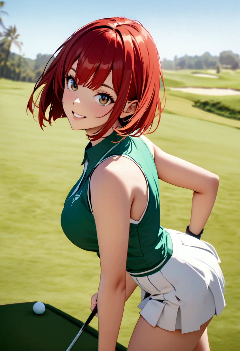 Som　Alta resolução　beleza 8k　Mulher que joga golfe　Campo de golfe　Mulher bonita　Bobcut　cabelo vermelho　　Roupas de golfe　mini-saia　sorriso　　olhando para a câmera　Bom tiro　sem manga