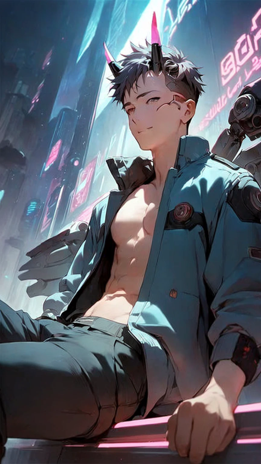 un homme d'anime avec un torse nu assis sur un rebord dans une ville, digital art animé cyberpunk, cyberpunk numérique - art anime, art animé cyberpunk, art cyberpunk animé, oeuvre d&#39;art dans le style de guweiz, À la manière de Ross Tran, anime cyberpunk moderne, Musclé! cyberpunk, inspiré par Yanjun Cheng, belle pose d&#39;anime, oppaï cyberpunk, style artistique cyberpunk