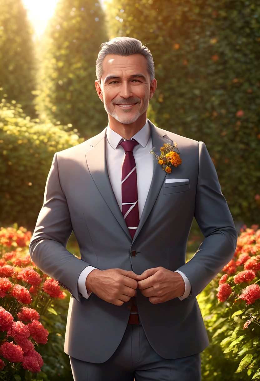 A man, father, dad, portrait, photorealistic, highly detailed, 8k, realistic, realistic lighting, warm lighting, warm colors, loving expression, kind eyes, gentle smile, wearing a suit, holding a , outdoors, garden, flowers, sun rays, soft focus