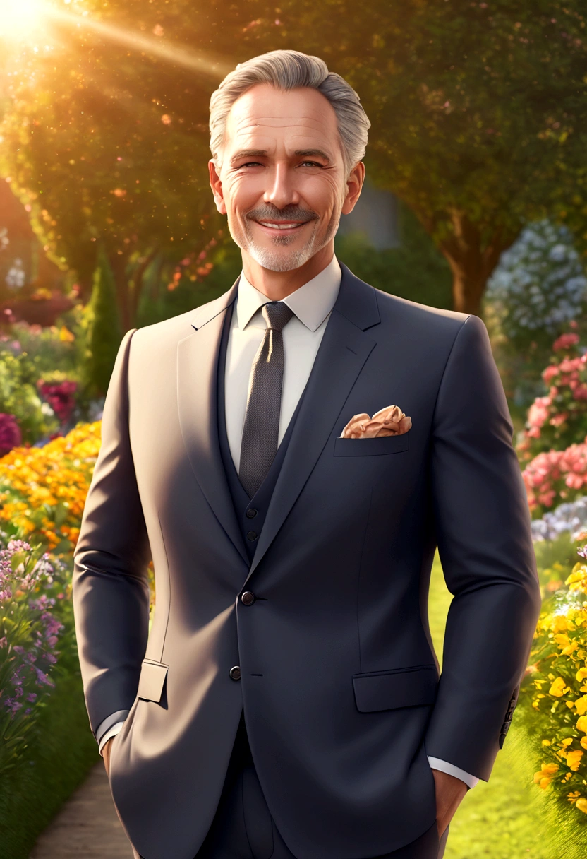 A man, father, dad, portrait, photorealistic, highly detailed, 8k, realistic, realistic lighting, warm lighting, warm colors, loving expression, kind eyes, gentle smile, wearing a suit, holding a , outdoors, garden, flowers, sun rays, soft focus