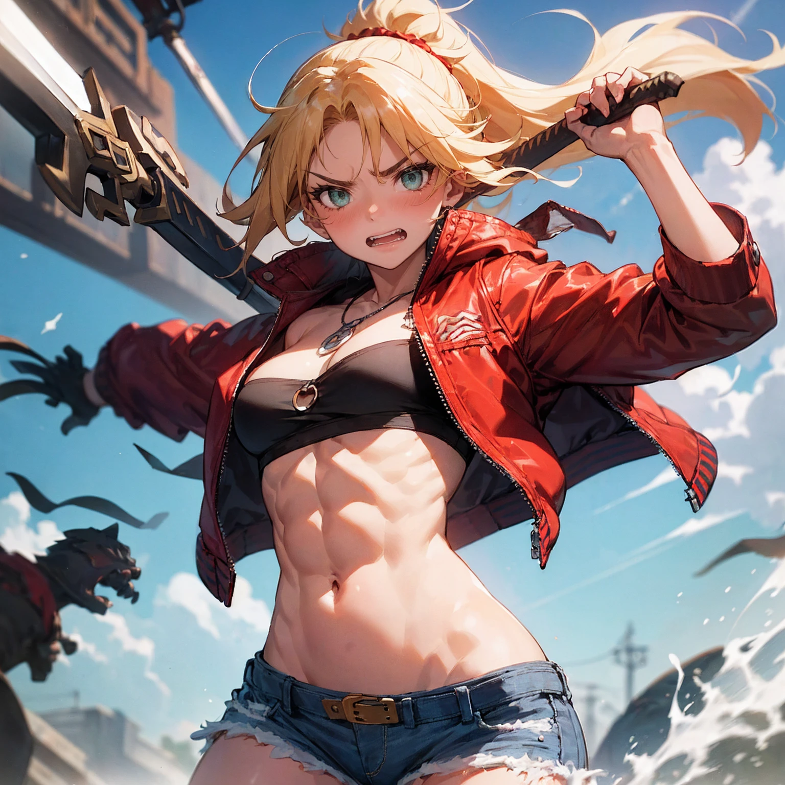 ((One Woman:2)), (Red jacket：1.9 )、((Battle Scenes, Swinging his sword violently,Dynamic Pose, Dynamic Action,Tight chest tops, Two-handed sword swinging pose)) , （Green Eyes:1.3）、Blonde Hair、ponytail、short hair、Scrunchie、赤いScrunchie、ヘアScrunchie、(赤いJacket:1.3)、denim、denimShorts、Jacket、jewelry、Abdominal muscles、Sturdy body、belly button、necklace、(赤い革Jacket)、Shorts、Shorts、Tube top、White top、,(Perfect hands),(Perfect Anatomy, complete hand depiction),(masterpiece),(highest quality),　Angry face：1.３
