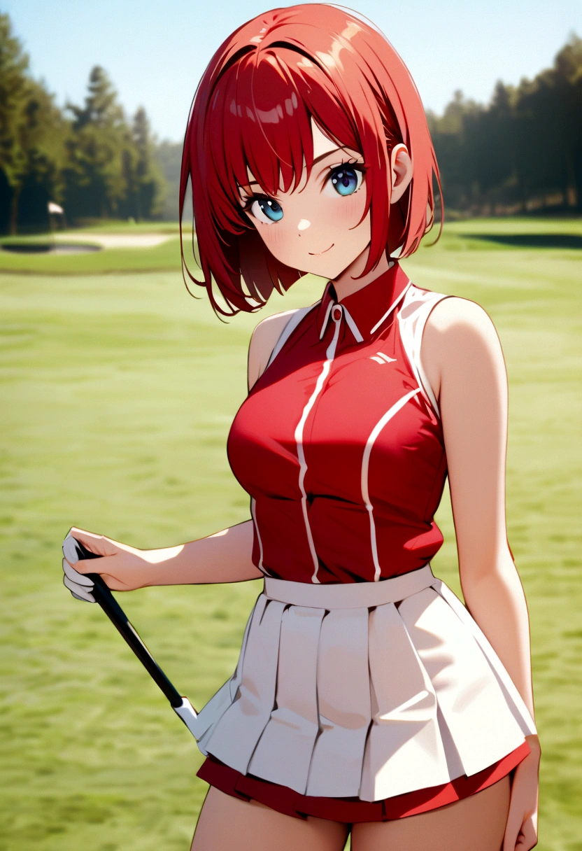 Som　Alta resolução　beleza 8k　Mulher que joga golfe　Campo de golfe　Mulher bonita　Bobcut　cabelo vermelho　　Roupas de golfe　mini-saia　sorriso　　olhando para a câmera　Bom tiro　sem manga