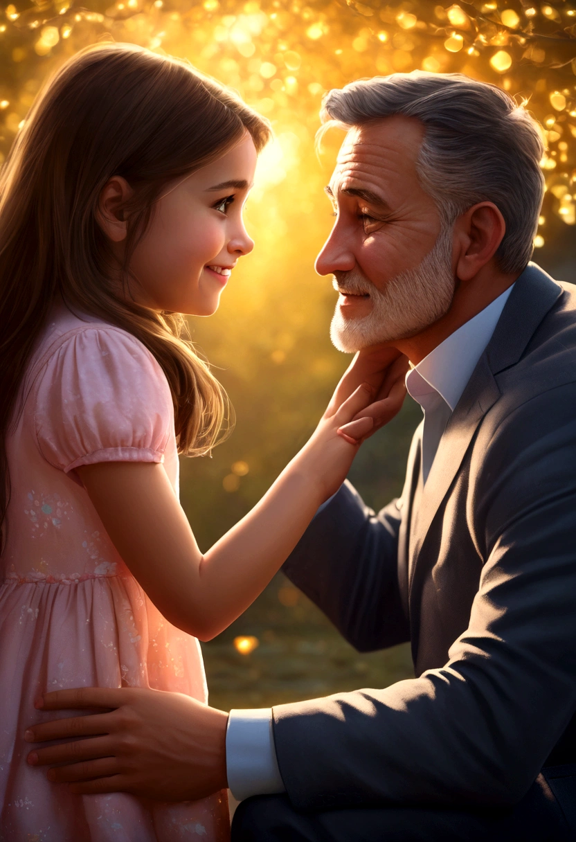 a loving father, Father's Day, father and daughter, heartwarming moment, paternal bond, ultra-detailed masterpiece (1.2, 8k highres), photorealistic, realistic, warm lighting, soft focus, beautiful colors, vibrant hues, tender mood, sentimental, cinematic – this image captures a tender embrace between a loving father and his daughter during golden hour. The father's gentle smile, tenderly holding his daughter's hand, emanates a heartfelt emotion as they share a beautiful family portrait. The warm lighting filters through the soft focus, bathing the picture in a loving relationship that radiates a palpable paternal bond