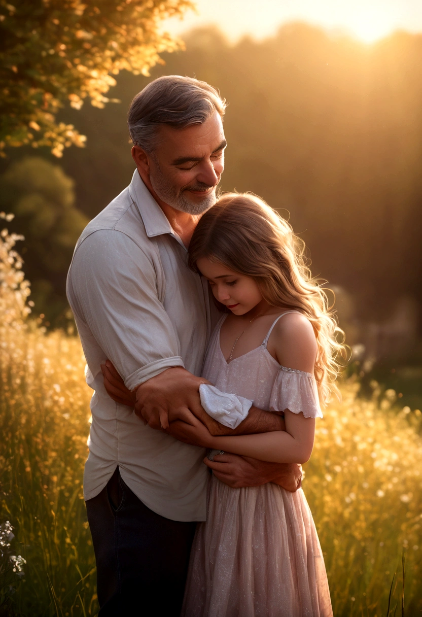 a loving father, Father's Day, father and daughter, heartwarming moment, paternal bond, ultra-detailed masterpiece (1.2, 8k highres), photorealistic, realistic, warm lighting, soft focus, beautiful colors, vibrant hues, tender mood, sentimental, cinematic – this image captures a tender embrace between a loving father and his daughter during golden hour. The father's gentle smile, tenderly holding his daughter's hand, emanates a heartfelt emotion as they share a beautiful family portrait. The warm lighting filters through the soft focus, bathing the picture in a loving relationship that radiates a palpable paternal bond