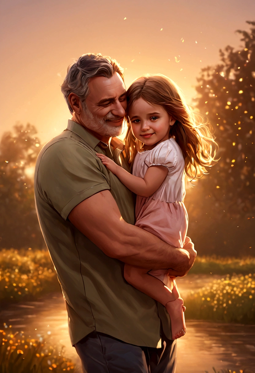 a loving father, Father's Day, father and daughter, heartwarming moment, paternal bond, ultra-detailed masterpiece (1.2, 8k highres), photorealistic, realistic, warm lighting, soft focus, beautiful colors, vibrant hues, tender mood, sentimental, cinematic – this image captures a tender embrace between a loving father and his daughter during golden hour. The father's gentle smile, tenderly holding his daughter's hand, emanates a heartfelt emotion as they share a beautiful family portrait. The warm lighting filters through the soft focus, bathing the picture in a loving relationship that radiates a palpable paternal bond