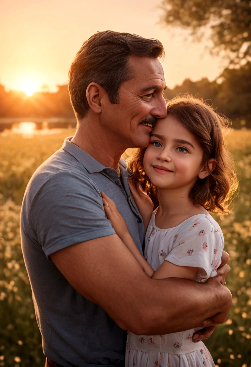 a loving father, Father's Day, father and daughter, heartwarming moment, paternal bond, ultra-detailed masterpiece (1.2, 8k highres), photorealistic, realistic, warm lighting, soft focus, beautiful colors, vibrant hues, tender mood, sentimental, cinematic – this image captures a tender embrace between a loving father and his daughter during golden hour. The father's gentle smile, tenderly holding his daughter's hand, emanates a heartfelt emotion as they share a beautiful family portrait. The warm lighting filters through the soft focus, bathing the picture in a loving relationship that radiates a palpable paternal bond