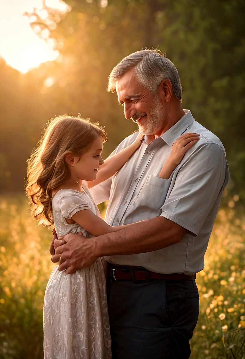 a loving father, Father's Day, father and daughter, heartwarming moment, paternal bond, ultra-detailed masterpiece (1.2, 8k highres), photorealistic, realistic, warm lighting, soft focus, beautiful colors, vibrant hues, tender mood, sentimental, cinematic – this image captures a tender embrace between a loving father and his daughter during golden hour. The father's gentle smile, tenderly holding his daughter's hand, emanates a heartfelt emotion as they share a beautiful family portrait. The warm lighting filters through the soft focus, bathing the picture in a loving relationship that radiates a palpable paternal bond