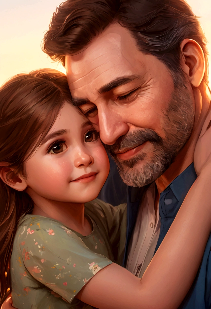 a loving father, Father's Day, father and daughter, heartwarming moment, paternal bond, ultra-detailed masterpiece (1.2, 8k highres), photorealistic, realistic, warm lighting, soft focus, beautiful colors, vibrant hues, tender mood, sentimental, cinematic – this image captures a tender embrace between a loving father and his daughter during golden hour. The father's gentle smile, tenderly holding his daughter's hand, emanates a heartfelt emotion as they share a beautiful family portrait. The warm lighting filters through the soft focus, bathing the picture in a loving relationship that radiates a palpable paternal bond