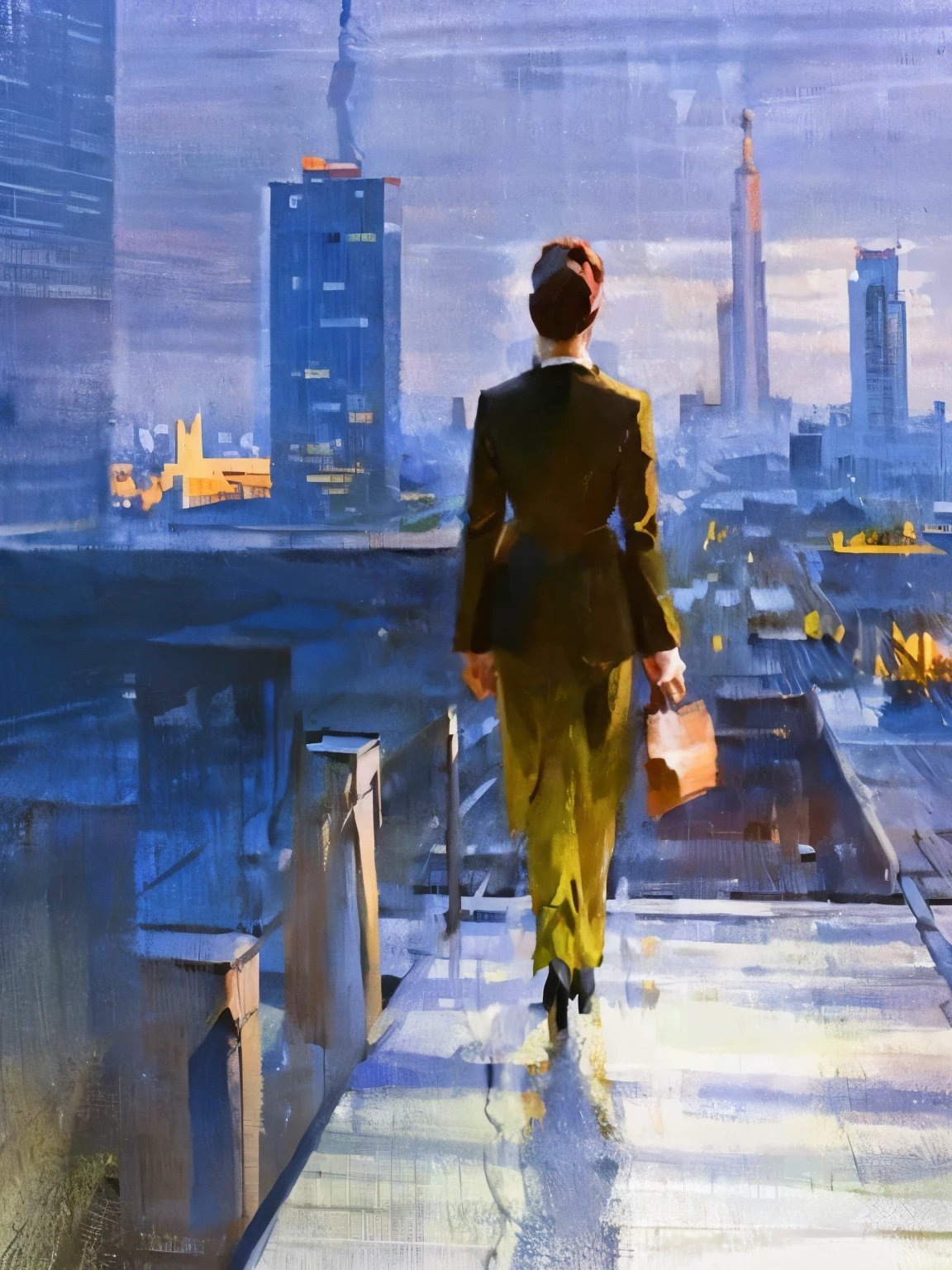 In a city lined with skyscrapers、Create a scene of a businesswoman walking from behind。She is wearing a suit and、Please make the image so that the light reflecting off the glass of the building makes her look bright.。