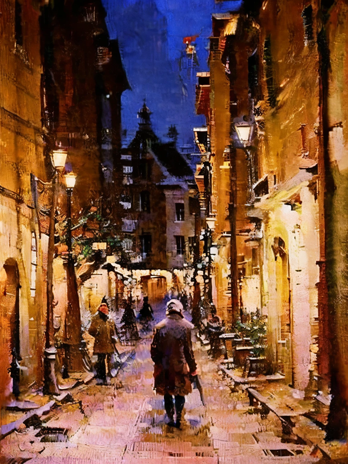 Generar un hombre caminando por una calle antigua.。Un abrigo viejo sobre sus hombros.、La luz que entra por la entrada del callejón ilumina el paisaje urbano..。sus pasos son suaves、Adoquines esparcidos al fondo.。