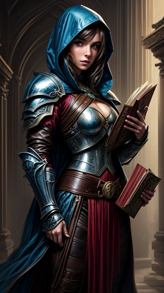 Pintura rápida del retrato de una mujer humana morena de fantasía., vistiendo una armadura de cuero con una capucha azul, in a temple, d&d character, sosteniendo un gran libro mágico con mariposa en la portada del libro.