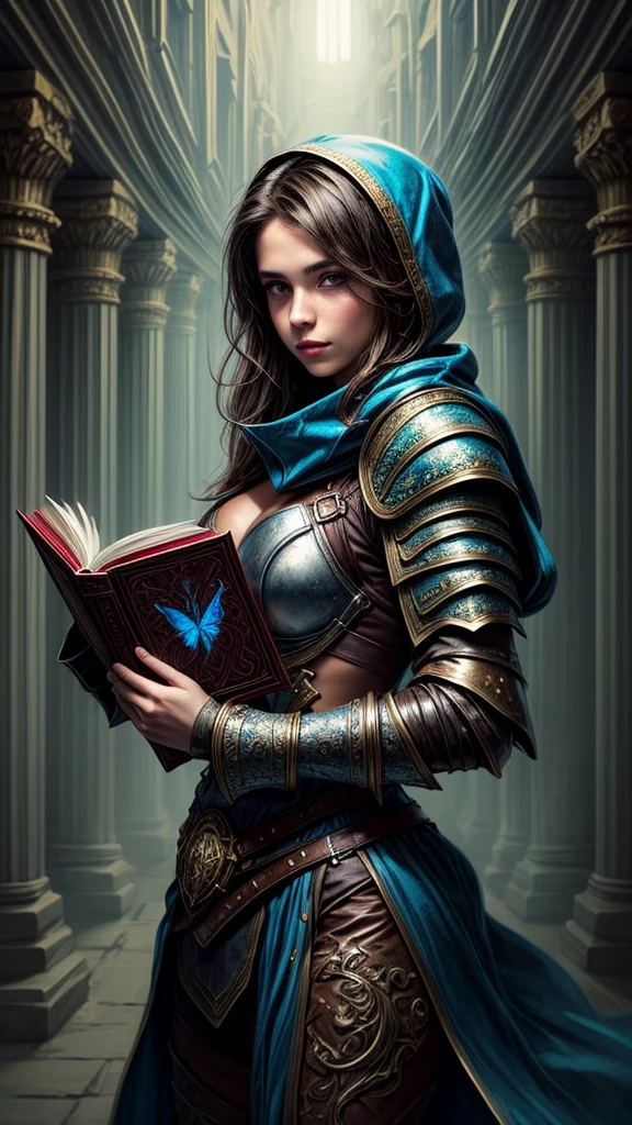 Speed painting of portrait of a fantasy female brunette human, wearing leather armour with a blue hood, in a temple, D&D character, holding a large magic book with butterfly on the book cover.