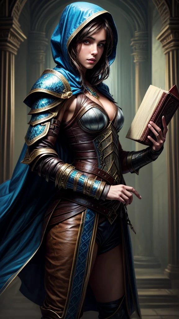 Peinture rapide du portrait d&#39;une femme brune fantastique humaine, portant une armure de cuir avec une capuche bleue, dans un temple, D&personnage d, tenant un grand livre magique avec un papillon sur la couverture du livre.