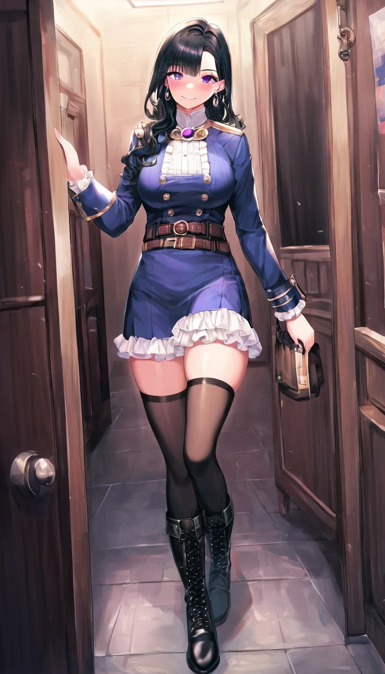 score_9, score_8_superior, score_7_superior, score_6_superior,a woman in a costume is walking by a door way with shoes, 1girl, breasts, solo, smile, looking at viewer, long sleeves, belt, thighhighs, jewelry, bangs, boots, black hair, frills, blush, purple eyes, earrings