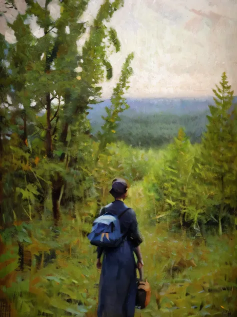 generate a back view of a woman walking through the forest。she is wearing casual clothes、i carry a backpack on my shoulder。light...