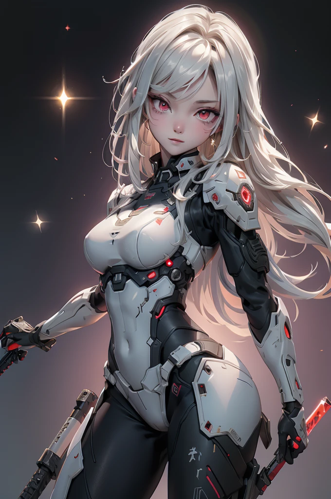 ((Cyberpunk women images))，raise one's arms high:1.4、armpits,,(masterpiece:1.4, highest quality, Dutch Angle)(One Girl, alone)（Gray hair that changes with light、Smooth and straight hair、WHITE hair fluttering in the wind）、（beautiful, Glowing Skin、Cheek Gloss Highlighter、Sexy and very beautiful and adorable face、The most beautiful face in the world、big, Glowing red eyes）、（Cute 2 girl, large breasts、Tight waist、Delicate shoulders、Perfect figure）（Overall dark、A ruined futuristic city、The world at the end of the century、Traces of war、cave、Remains）(futuristic combat suit、White combat armor、Highly decorated combat uniform、Weapons are deployed to surround the woman)（Shooting from close range、Pictures of female faces）
