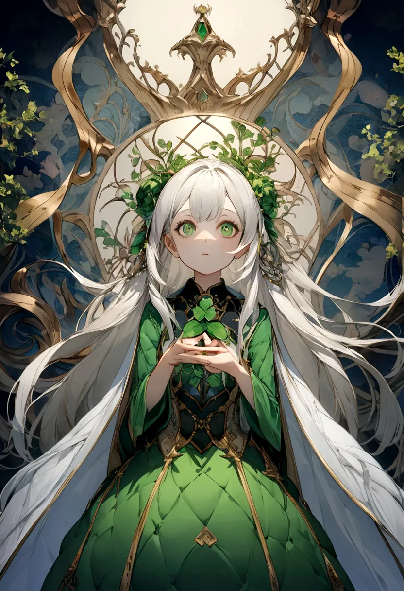 A person standing under a high wall，Holding a lucky four-leaf clover, looking up and forward，Background two-dimensional wallpaper 4k ultra clear，The character is a girl，With your back to me，night，Highlighting the insignificance of characters，Side close-up，...