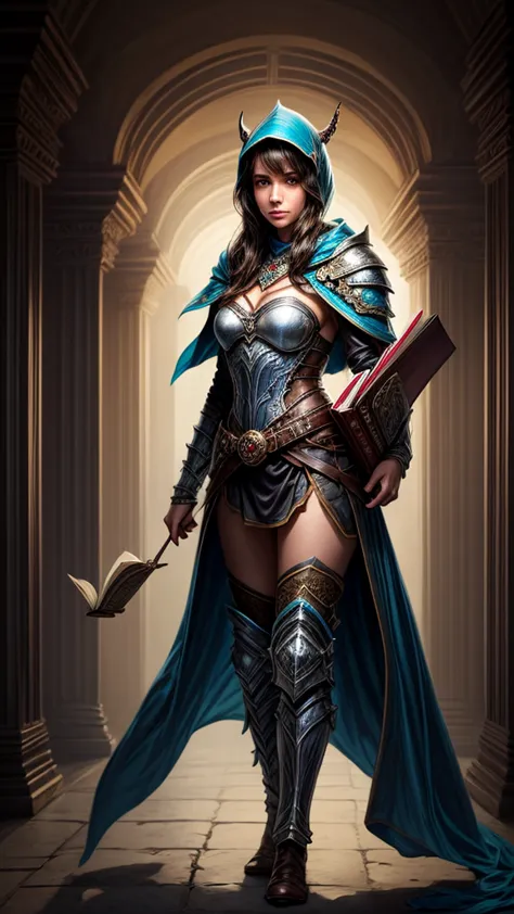 Speed painting of portrait of a fantasy female brunette human adventurer, wearing leather armour with a blue hood, in a temple, ...