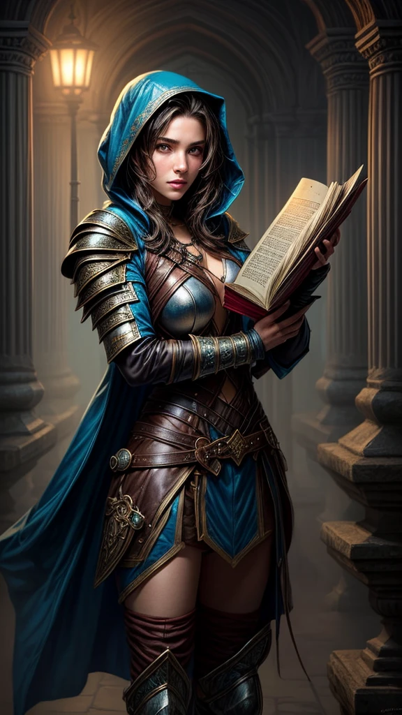 Speed painting of portrait of a fantasy female brunette human adventurer, wearing leather armour with a blue hood, in a temple, D&D character, holding a single very large magic book with butterfly on the book cover.