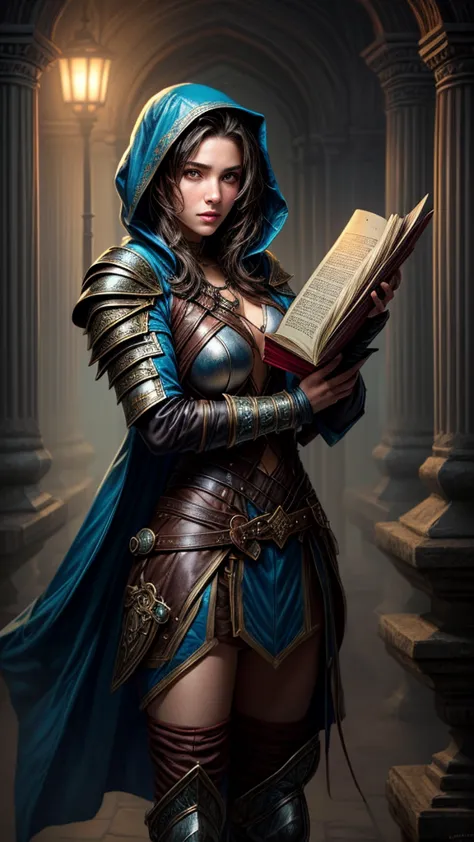 Speed painting of portrait of a fantasy female brunette human adventurer, wearing leather armour with a blue hood, in a temple, ...