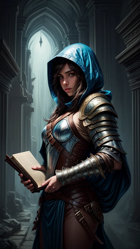 Speed painting of portrait of a fantasy female brunette human adventurer, wearing leather armour with a blue hood, in a temple, D&D character, holding a single very large magic book with butterfly on the book cover.