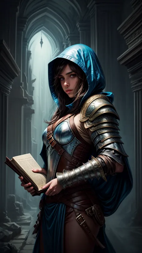 Speed painting of portrait of a fantasy female brunette human adventurer, wearing leather armour with a blue hood, in a temple, ...